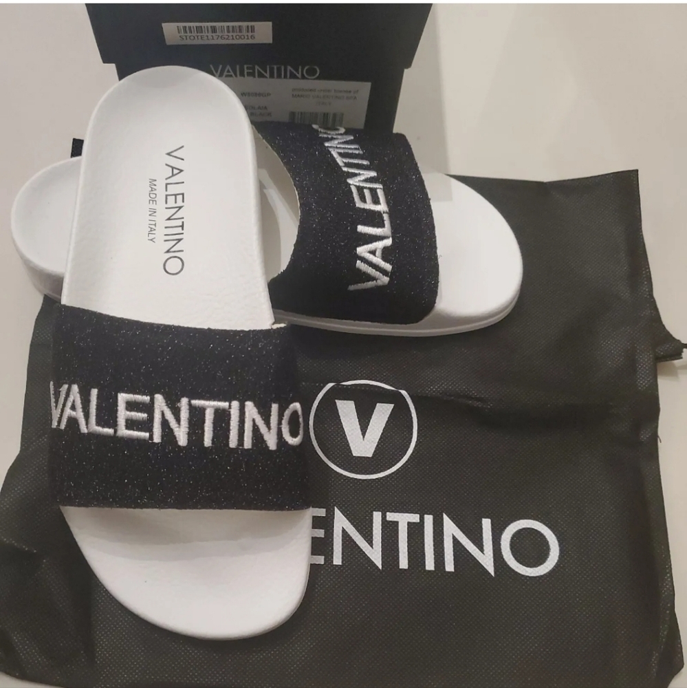 NWT Mario Valentino Glitter Logo Slide Sandals White Black Size 6 Box dustbag